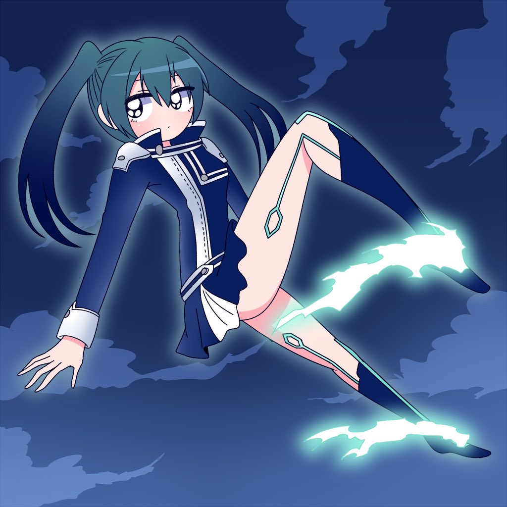 1girl, aqua_hair, black_eyes, blue_footwear, blue_jacket, blue_skirt, blush, boots