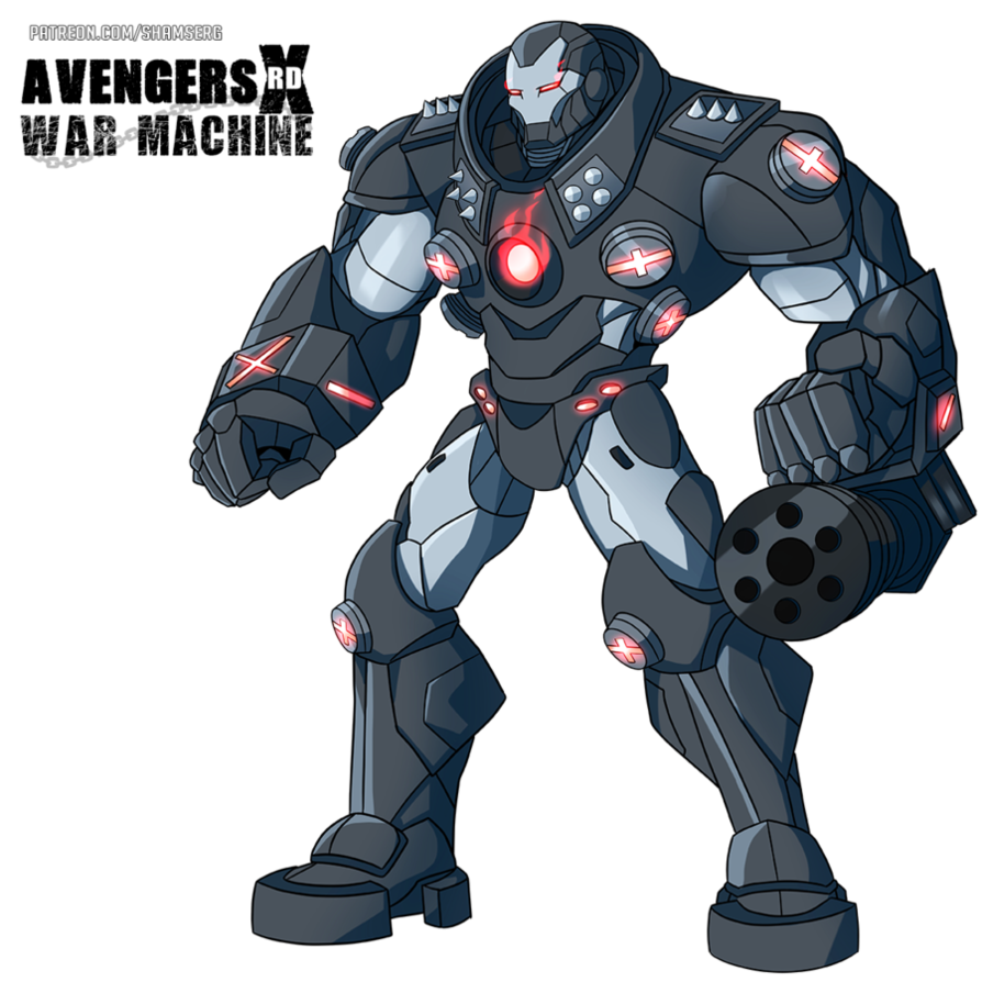 1boy, alternate_costume, arm_mounted_weapon, armor, avengers_(series), black_armor, character_name, clenched_hand