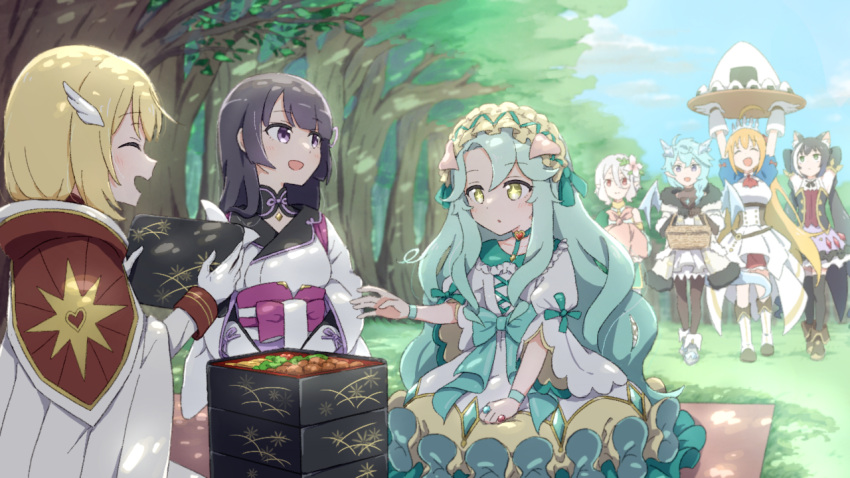 6+girls, animal_ears, bento, black_hair, blonde_hair, blue_sky, cat_ears, food