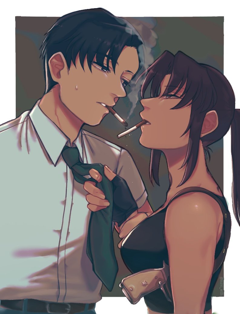 1boy, 1girl, black_hair, black_lagoon, black_shirt, blue_pants, border, breasts, brown_eyes, brown_hair, cigarette, green_necktie, height_difference, looking_at_another, mirei_(with), necktie, necktie_grab, neckwear_grab, okajima_rokuro, pants, revy_(black_lagoon), shirt, sleeveless, sleeveless_shirt, smoking, white_border, white_shirt