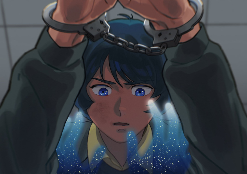 1boy, blue_eyes, blue_hair, commentary, cuffs, green_jacket, gundam, handcuffs