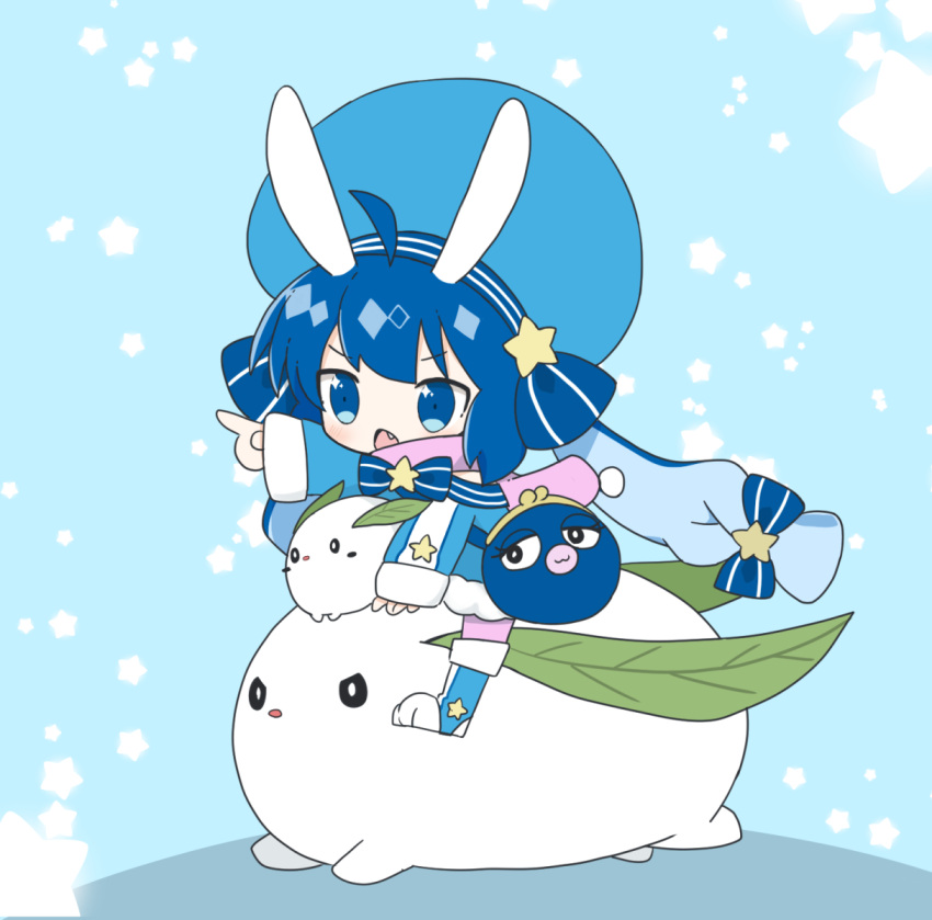1girl, 7takada, ahoge, bag, blue_background, blue_bow, blue_bowtie, blue_coat