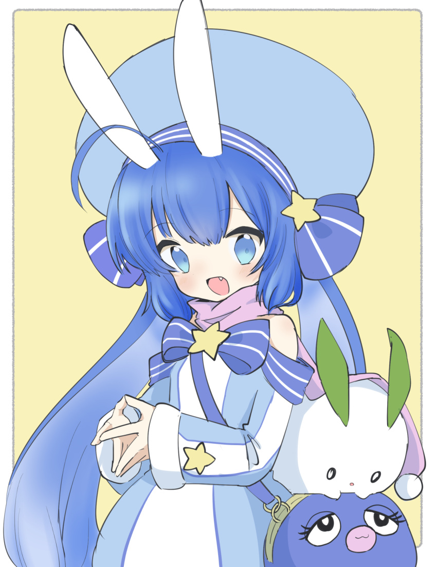 1girl, 7takada, ahoge, animal, animal_ears, bag, bare_shoulders, blue_bow