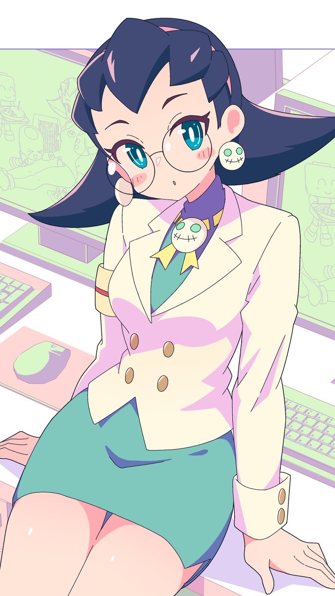 1girl, armband, blue_eyes, blush, buttoned_cuffs, buttons, commentary, earrings