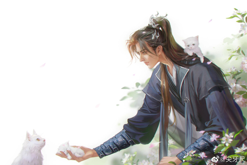 1boy, absurdres, animal, animal_on_shoulder, bent_over, blue_hanfu, bracer, brown_hair