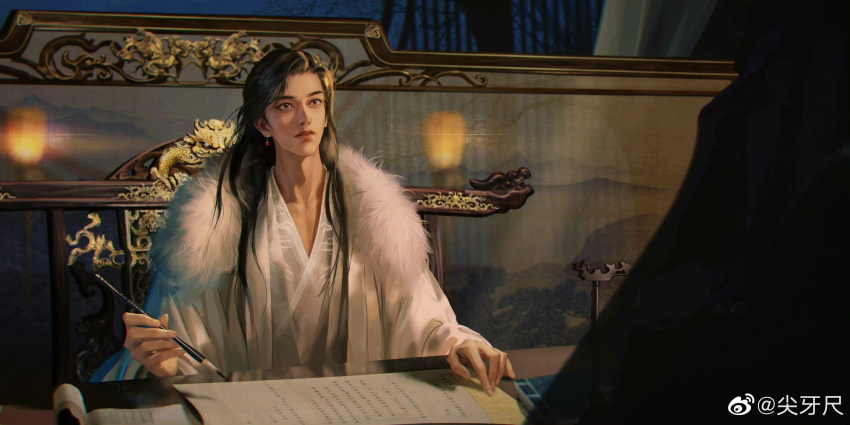 1boy, absurdres, artist_name, black_hair, book, brown_eyes, calligraphy_brush, chair