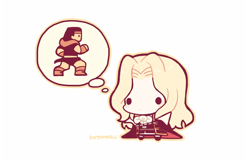 2boys, alucard_(castlevania), black_cape, black_coat, blonde_hair, brown_outline, cape, castlevania_(1986)