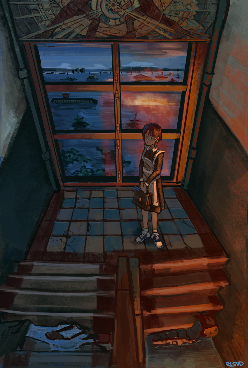 absurdres, apron, bag, brown_hair, clouds, flood, hair_ornament, hairclip, highres, holding, holding_bag, indoors, iwakura_lain, looking_at_viewer, maid, maid_apron, night, night_sky, rlsvd, russia, serial_experiments_lain, short_hair, sky, stairs, tagme, window, x_hair_ornament