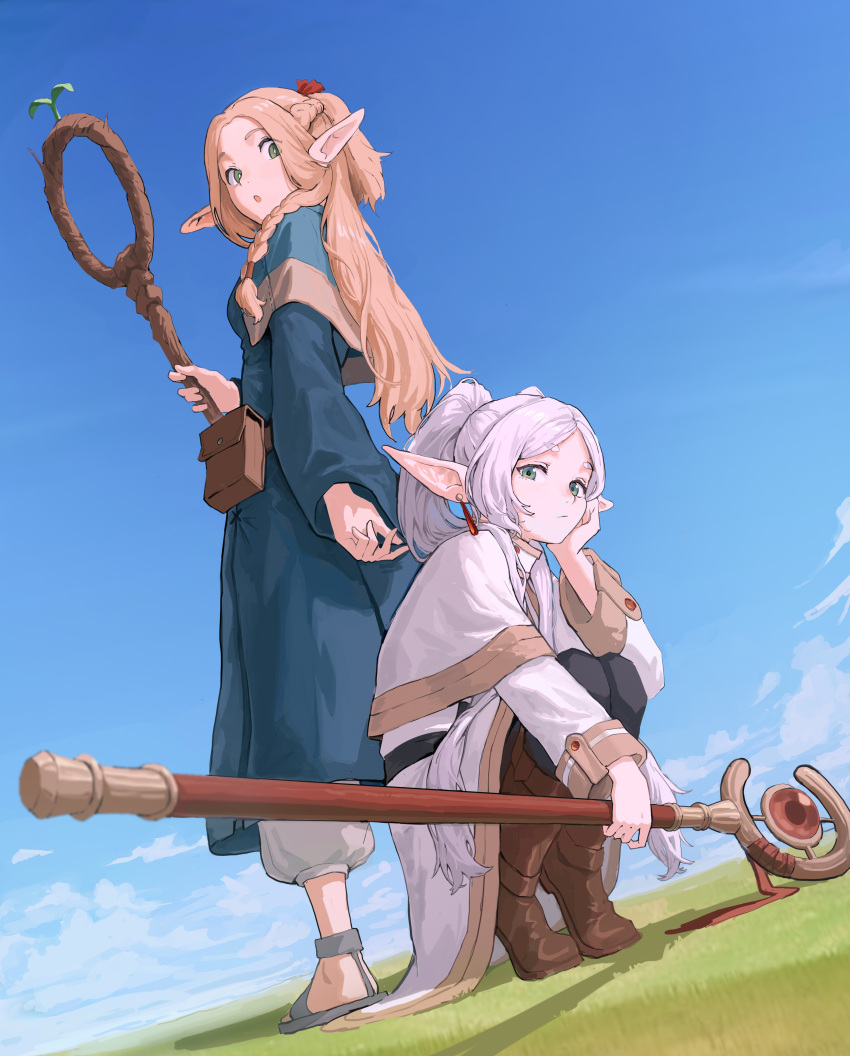 2girls, absurdres, blonde_hair, blue_capelet, blue_dress, boots, capelet, cho_gum