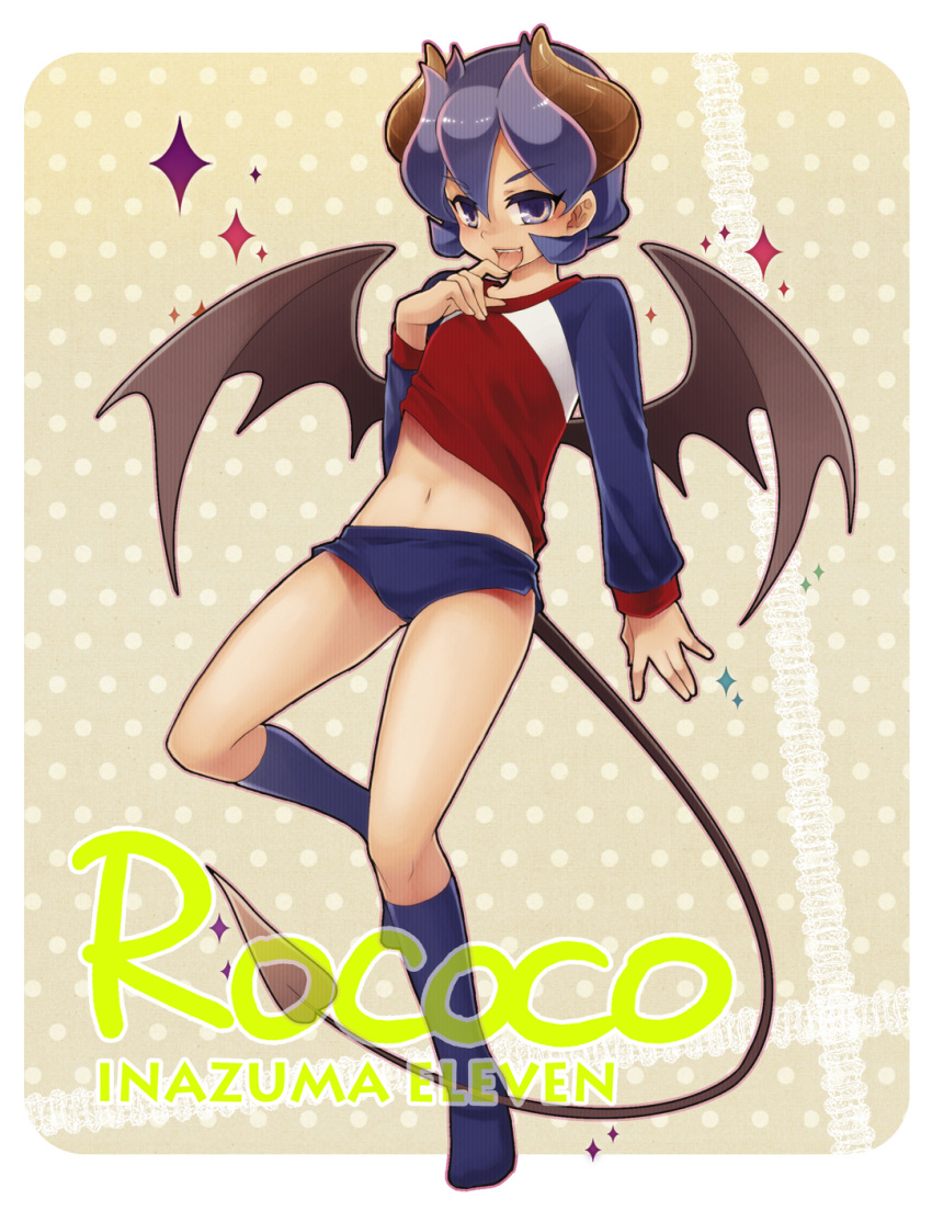 bat_wings, demon_tail, hand_to_mouth, highres, horns, inazuma_eleven, navel, purple_eyes, purple_hair, raglan_sleeves, rococo, rococo_urupa, ruru_(lamourouge), short_hair, solo, tail, tongue, violet_eyes, wings