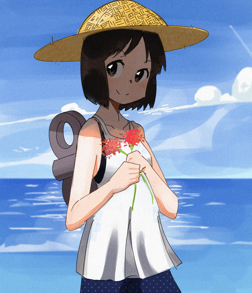 absurdres, android, black_eyes, black_hair, chanzai, clouds, day, flower, hat, highres, holding, holding_flower, nichijou, ocean, outdoors, scenery, shinonome_nano, short_hair, sky, smile, straw_hat, summer, waves, winding_key