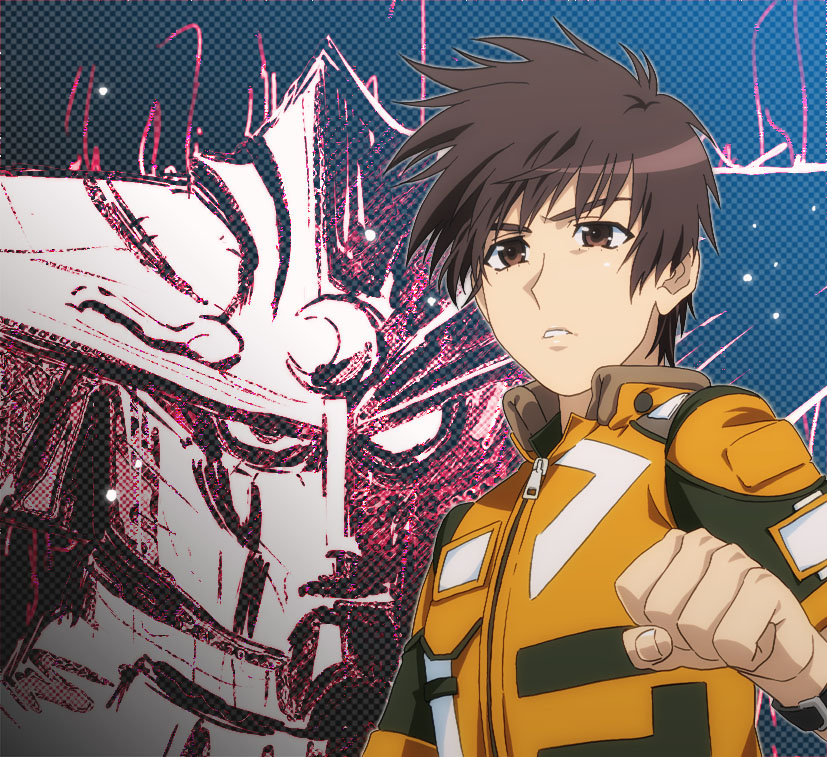 1boy, brown_eyes, brown_hair, clenched_hand, crescent, fingernails, jacket, kazeo_isurugi, looking_ahead, male_focus, mecha, orange_jacket, parted_lips, robot, short_hair, tekkouki_mikazuki, upper_body, yuu_(masarunomori), zipper_pull_tab