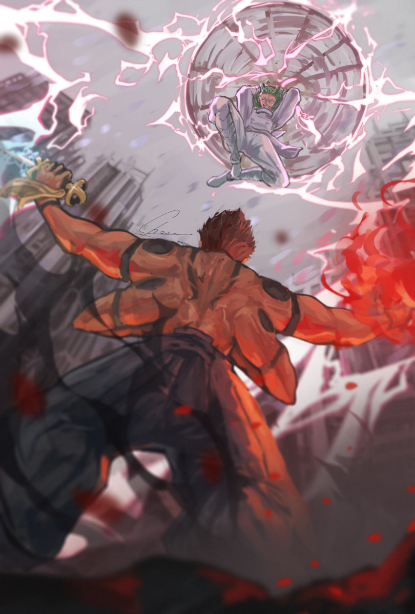 2boys, arm_tattoo, back_tattoo, battle, black_pants, building, city, electricity