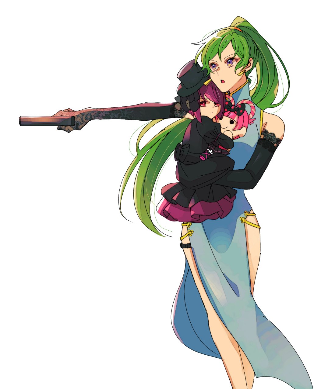 2girls, aged_down, alternate_costume, black_dress, black_gloves, black_headwear, blue_dress, carrying