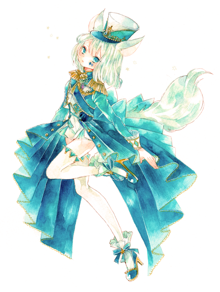 1girl, animal_ears, aqua_bow, aqua_dress, aqua_eyes, aqua_theme, bow, diamond_(shape)