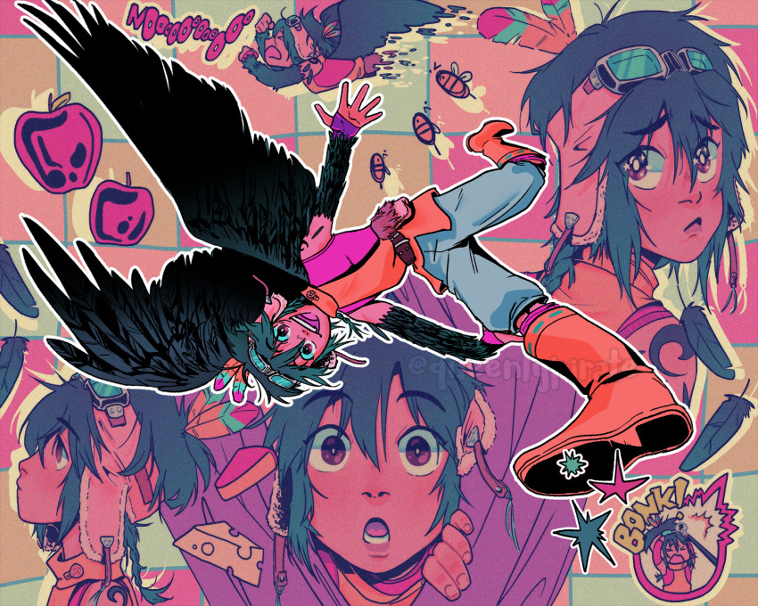 >_<, +anima, 1boy, apple, bird_boy, black_feathers, black_hair, black_wings