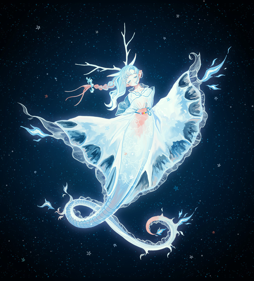 1girl, absurdres, antlers, beads, blue_background, blue_sky, blue_theme, braid, chinese_zodiac, closed_eyes, collarbone, dragon, dragon_girl, ear_piercing, eastern_dragon, facing_viewer, fire, flame-tipped_tail, floating_hair, frills, full_body, highres, horns, ivelovedsekaowa, light_particles, linked_piercing, long_hair, mixed_horns, monster_girl, multicolored_hair, multicolored_tail, original, piercing, pointy_ears, redhead, sea_angel, sea_angel_girl, single_braid, sky, solo, streaked_hair, tail, white_hair, year_of_the_dragon