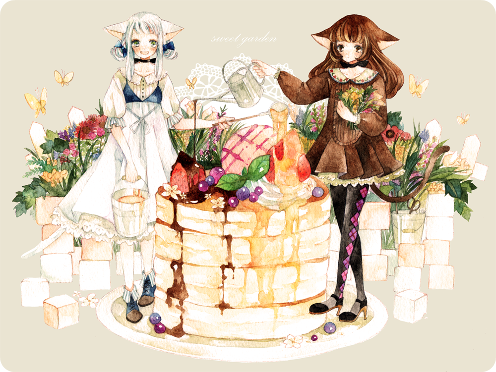 2girls, animal_ears, black_hair, black_pantyhose, blueberry, border, bouquet, bow, brown_dress, brown_eyes, bucket, bug, butterfly, buttons, cat_ears, cat_girl, cat_tail, chocolate_syrup, closed_mouth, cube, dress, eko_(ecology), english_text, flower, food, frilled_dress, frills, fruit, garden, green_background, green_eyes, hair_bow, high_heels, holding, holding_bouquet, holding_bucket, lace, leaf, long_hair, long_sleeves, looking_at_viewer, maple_syrup, multiple_girls, open_mouth, original, pancake, pantyhose, plant, plate, red_flower, scissors, shoes, short_sleeves, sidelocks, simple_background, standing, strawberry, syrup, tail, watering_can, whipped_cream, white_border, white_dress, white_hair, yellow_butterfly, yellow_flower