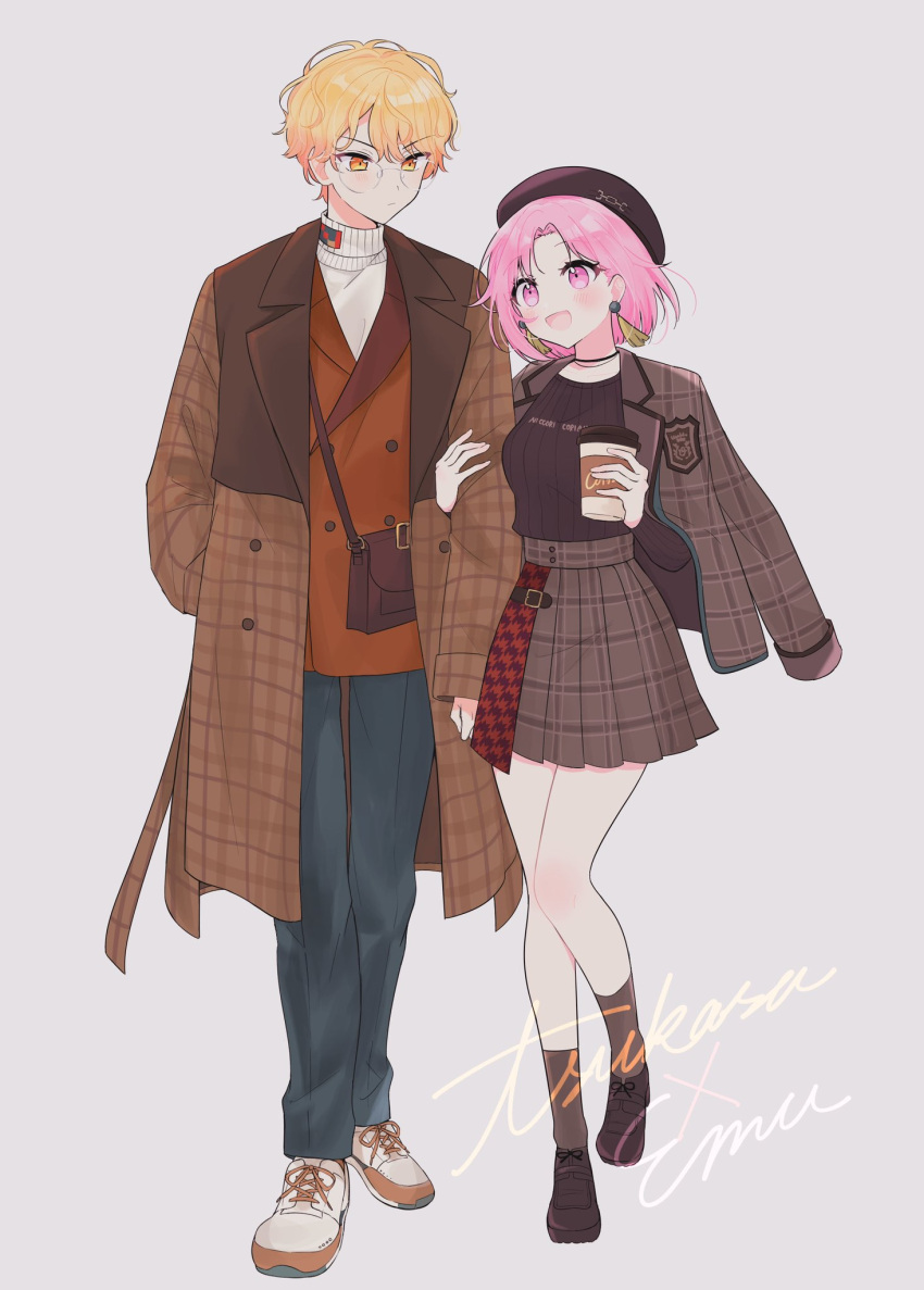 1boy, 1girl, bag, beret, black_footwear, black_shirt, blue_pants, blush