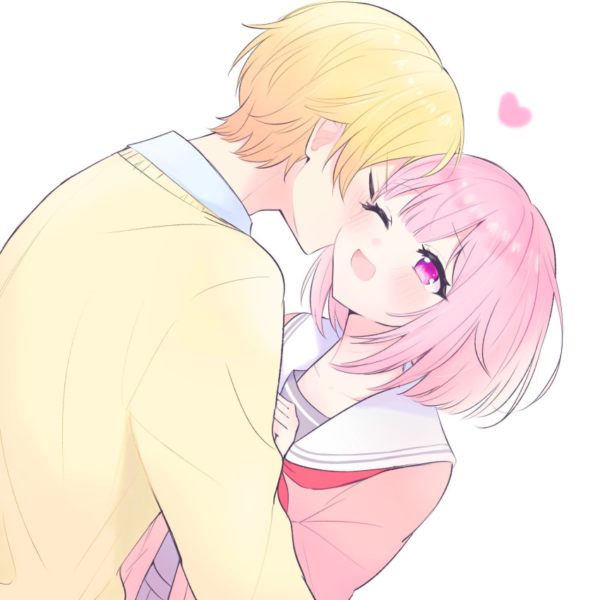 1boy, 1girl, :d, blush, cardigan, closed_eyes, collarbone, dutch_angle