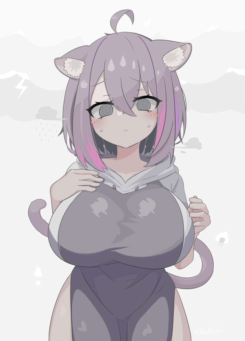 1girl, ahoge, animal_ear_fluff, animal_ears, apron, blush, breasts, cat_ears