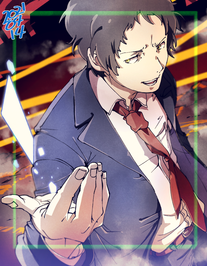 1boy, adachi_tooru, belt, black_hair, black_jacket, black_pants, breast_pocket, brown_belt