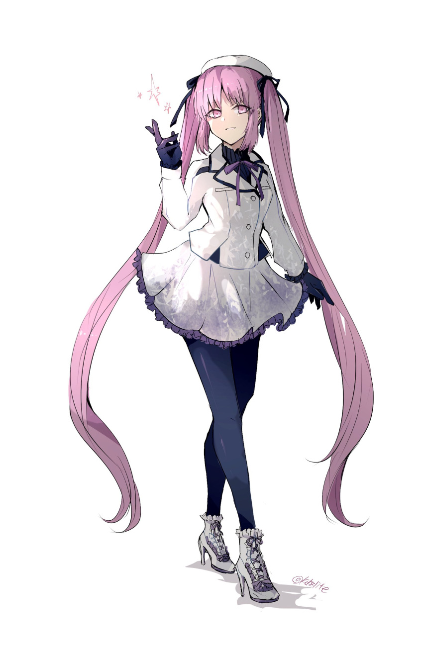1girl, absurdly_long_hair, absurdres, alternate_costume, arm_at_side, artist_name, beret, black_gloves