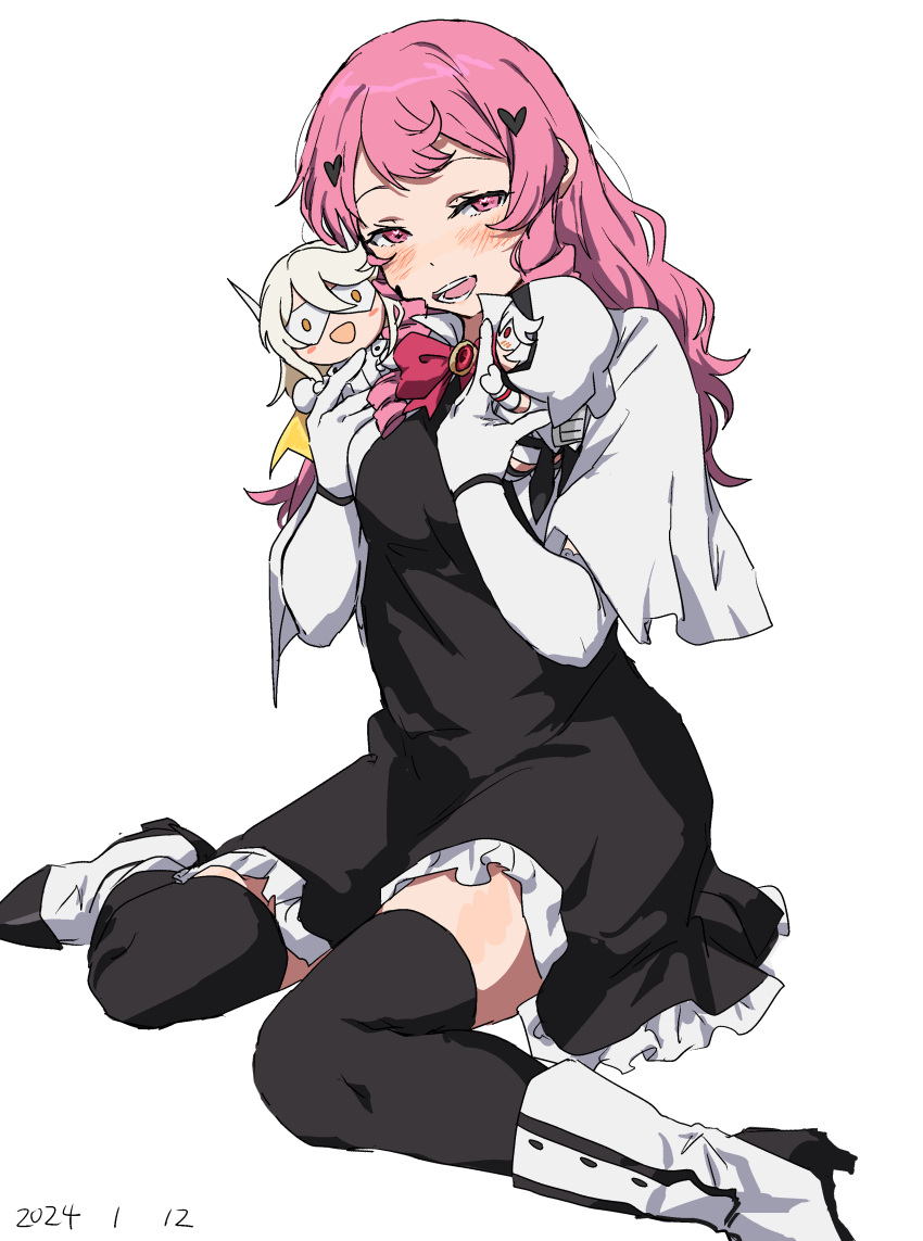 1girl, :d, absurdres, black_dress, black_thighhighs, blush, boots, bow