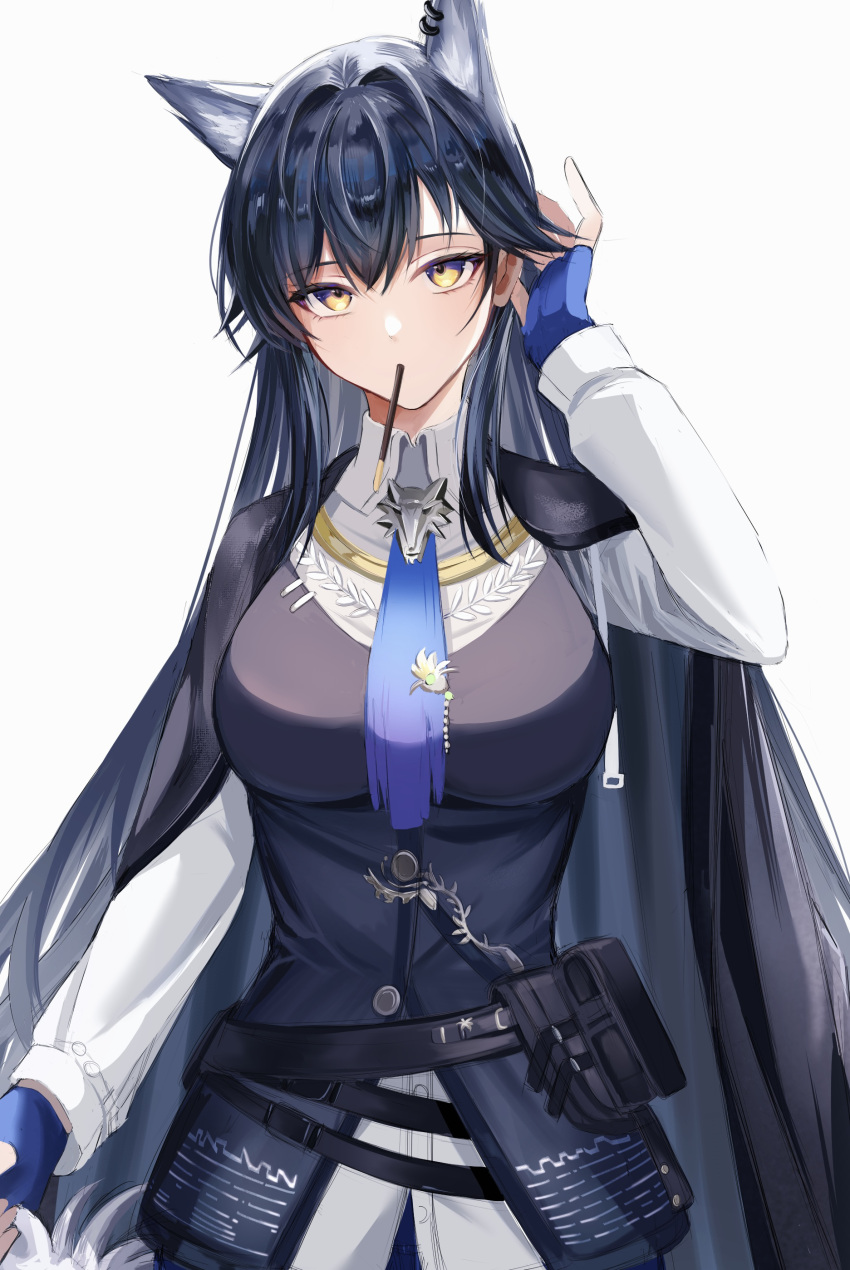 1girl, absurdres, animal_ear_fluff, animal_ear_piercing, animal_ears, arknights, belt, belt_buckle