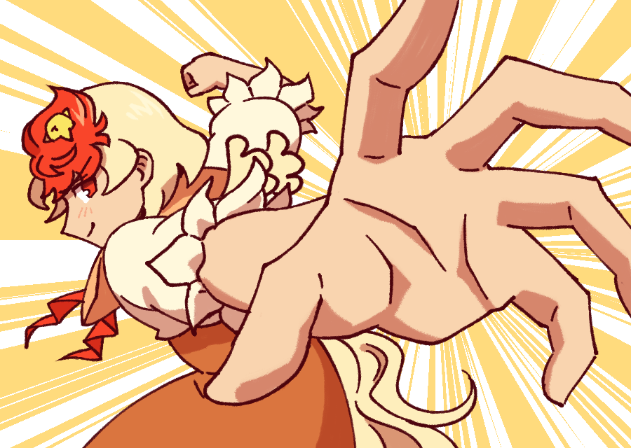 1girl, animal_on_head, bird, bird_on_head, blonde_hair, caramelized_tomatoes, chick, closed_mouth