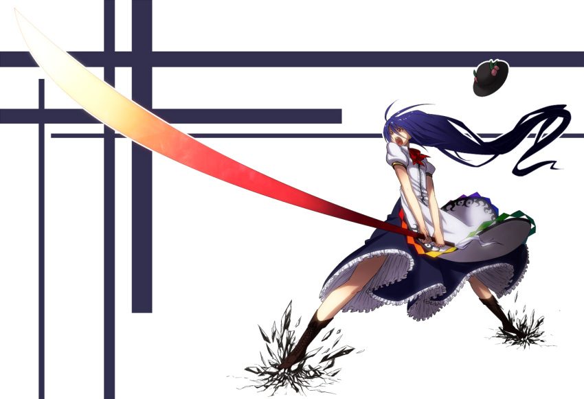 cracks, fighting_stance, foreshortening, frills, gathers, gradient_hair, hat, hat_removed