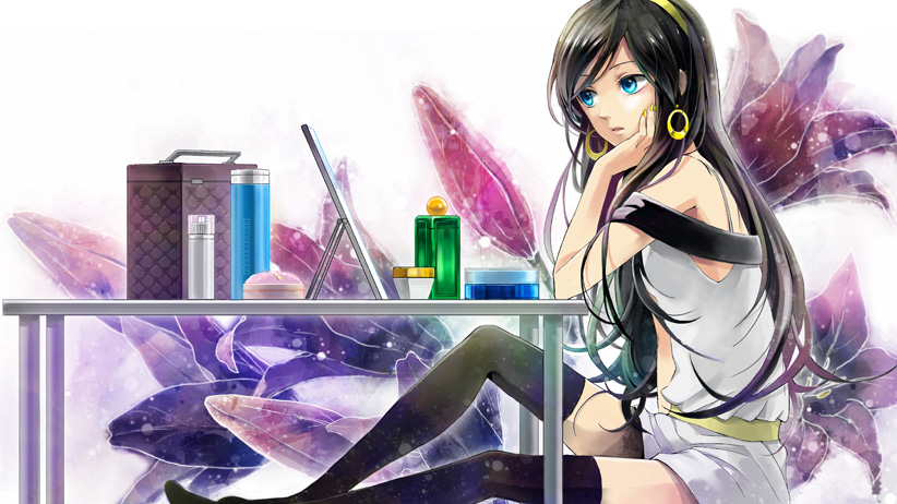 arm_support, black_hair, blue_eyes, earrings, flower, hairband, jewelry, koromono, lilies, lily_(vocaloid), long_hair, nail_polish, sitting, solo, table, thigh_highs, thighhighs, vocaloid, zettai_ryouiki
