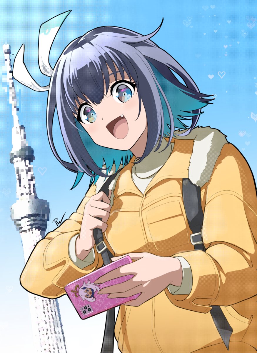 16bit_sensation, 2girls, :d, akisato_konoha, backpack, bag, blue_eyes, blue_hair, cellphone, colored_inner_hair, fang, fur-trimmed_jacket, fur_trim, genshin_impact, highres, holding, holding_phone, jacket, koga_aoi, medium_hair, multicolored_hair, multiple_girls, open_mouth, paimon_(genshin_impact), phone, rayanawolfer, signature, smartphone, smile, tokyo_skytree, white_hair, yellow_jacket