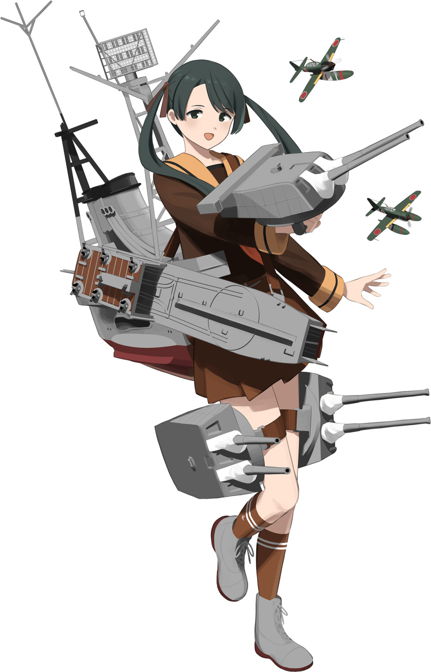 1girl, black_hair, brown_neckerchief, brown_sailor_collar, brown_serafuku, brown_skirt, full_body, hair_ribbon