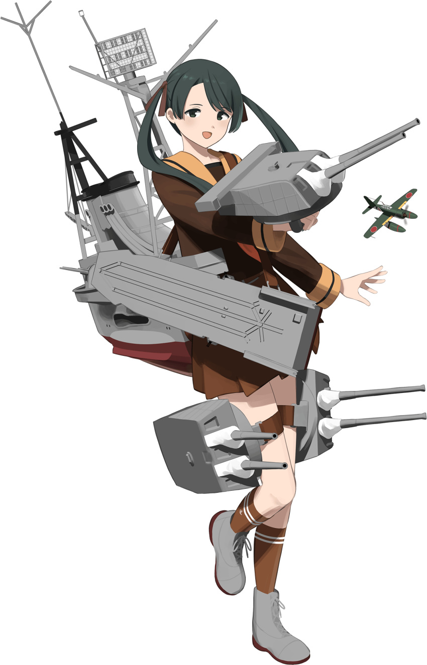 1girl, black_hair, brown_neckerchief, brown_sailor_collar, brown_serafuku, brown_skirt, full_body, hair_ribbon