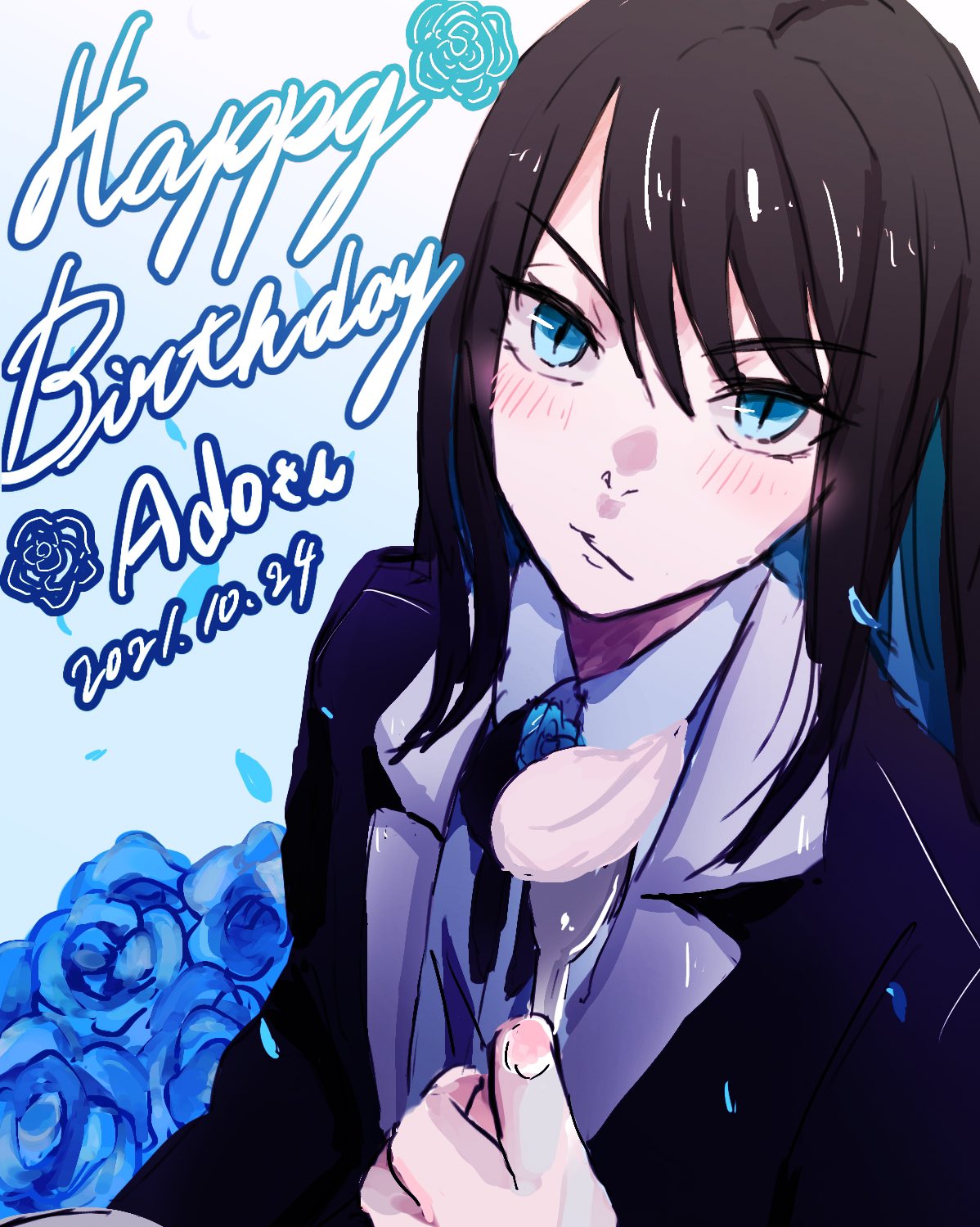1girl, ado_(utaite), black_bow, black_bowtie, black_hair, black_jacket, blue_eyes, blue_flower