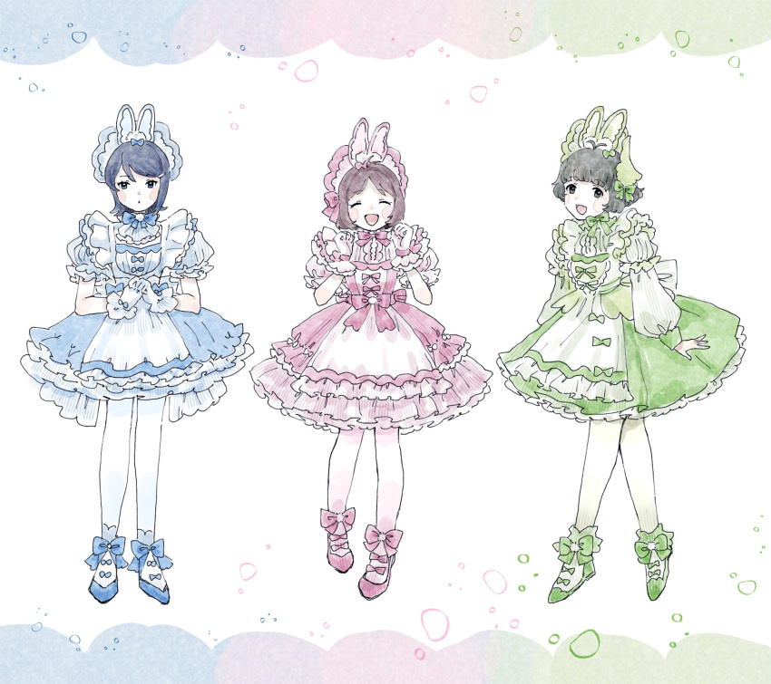 1boy, 2girls, ahoge, akizuki_ryou, animal_ears, ankle_boots, blue_bow, blue_dress