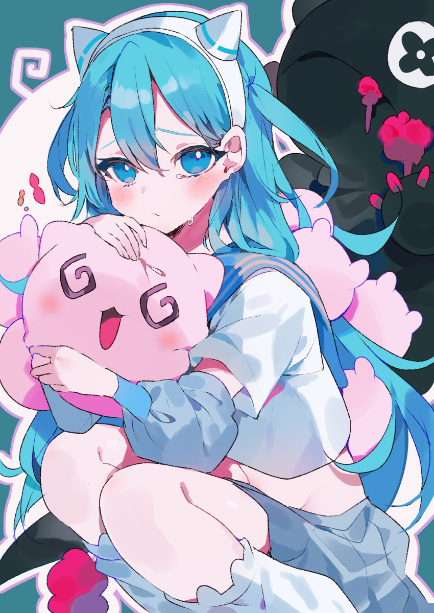 1girl, absurdres, ado_(utaite), blue_arm_warmers, blue_eyes, blue_hair, blue_sailor_collar, blue_skirt