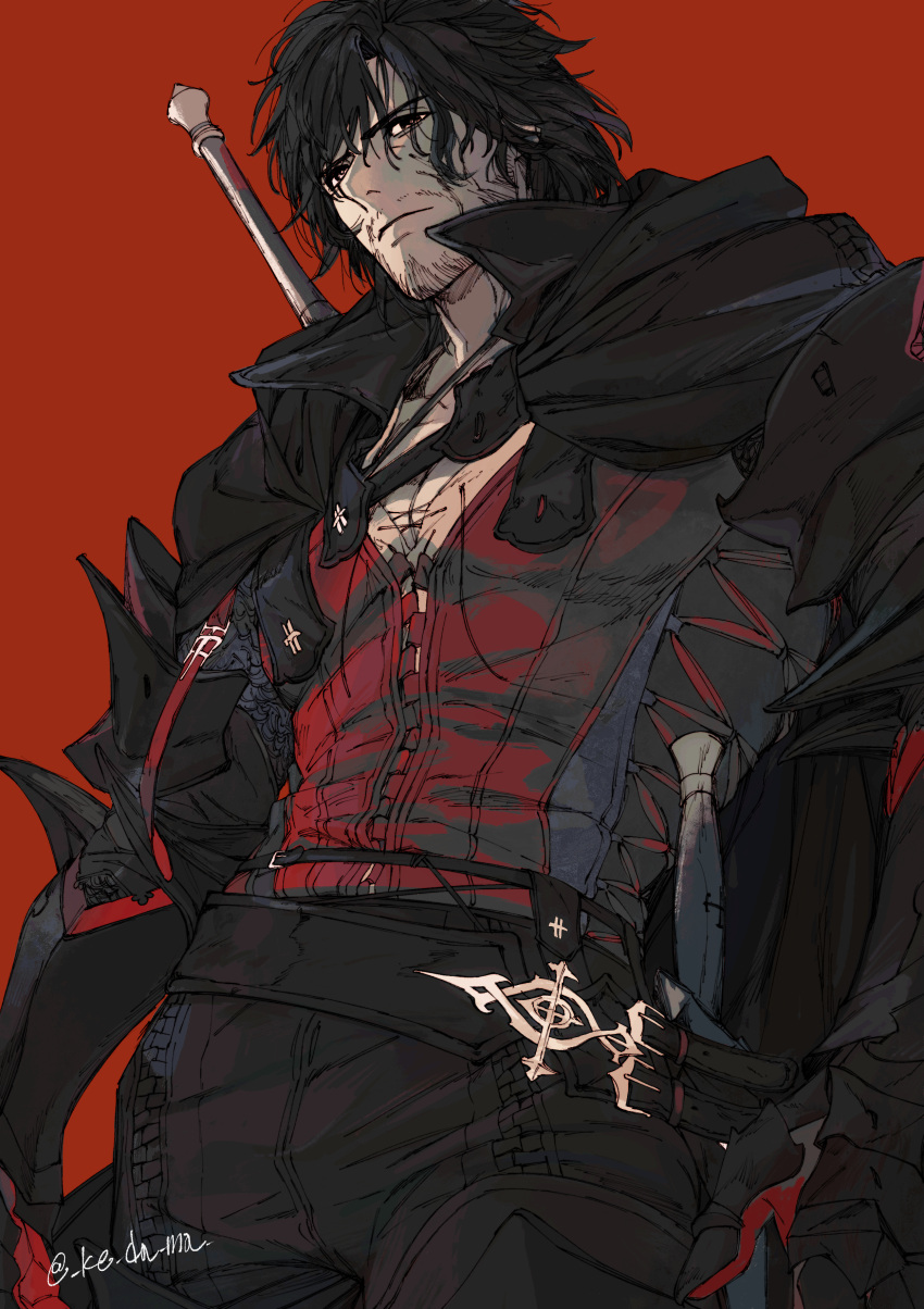 1boy, absurdres, beard_stubble, belt, black_belt, black_cloak, black_eyes, black_hair, black_pants, clive_rosfield, cloak, cowboy_shot, facial_hair, final_fantasy, final_fantasy_xvi, from_below, hair_between_eyes, highres, long_sleeves, male_focus, mature_male, messy_hair, mustache_stubble, pants, pectoral_cleavage, pectorals, piyomotsu, red_background, red_vest, scar, scar_on_cheek, scar_on_face, short_hair, solo, stubble, sword, twitter_username, vest, weapon, weapon_on_back
