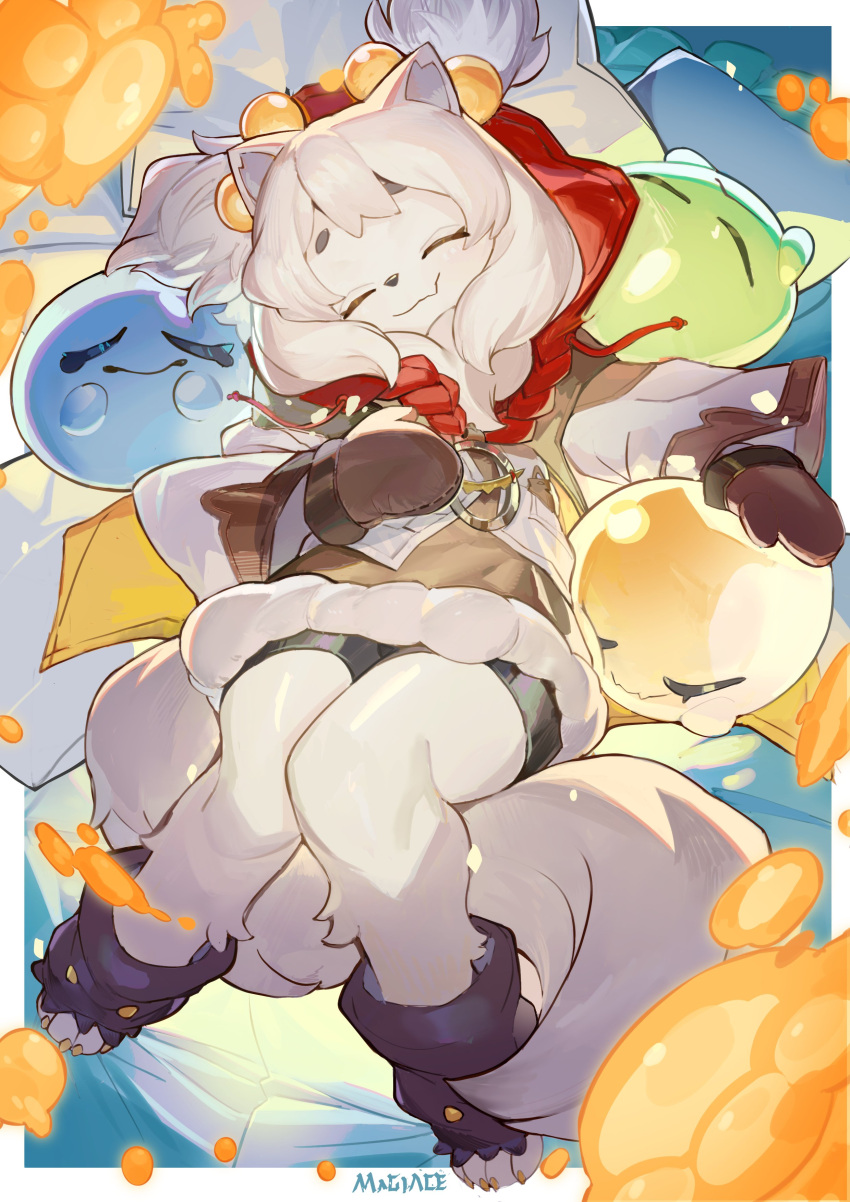 1girl, absurdres, animal_nose, bike_shorts, body_fur, border, closed_eyes, drawstring, dress, fini_(world_flipper), fur-trimmed_dress, fur_trim, furry, furry_female, hair_bobbles, hair_ornament, highres, hikimayu, hood, hood_up, magiace, mittens, outside_border, shorts_under_dress, signature, smile, solo, tail, two_side_up, white_border, white_fur, world_flipper