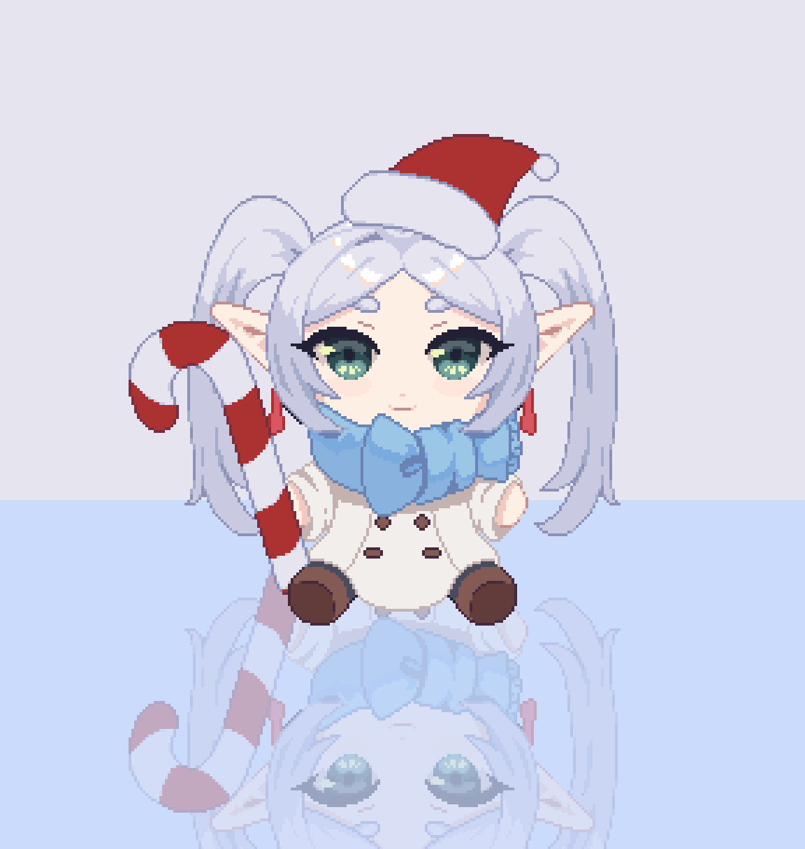 1girl, blue_scarf, brown_footwear, candy, candy_cane, chibi, closed_mouth, commentary, food, frieren, full_body, green_eyes, grey_background, hat, highres, holding, holding_candy, holding_candy_cane, holding_food, long_hair, long_sleeves, looking_at_viewer, michael_lamore, pixel_art, pointy_ears, pom_pom_(clothes), red_headwear, reflective_floor, santa_hat, scarf, simple_background, sitting, smile, solo, sousou_no_frieren, twintails