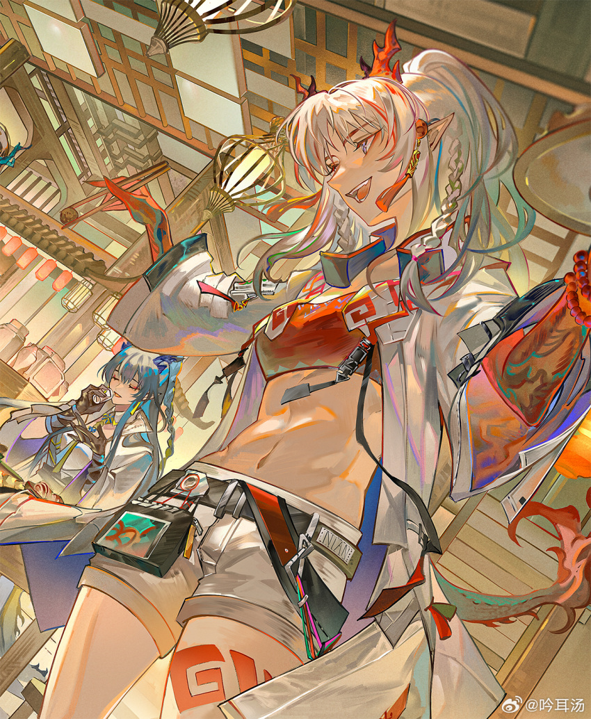 3girls, arknights, blue_hair, chopsticks, commentary_request, cup, drinking_glass, dusk_(arknights), earrings, food, grey_hair, highres, holding, holding_chopsticks, horns, jacket, jewelry, lantern, ling_(arknights), long_hair, multiple_girls, nian_(arknights), official_art, pointy_ears, ponytail, shorts, tail, violet_eyes, wine_glass, yin_er_tang