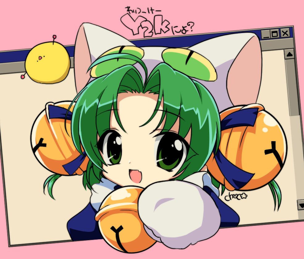 1girl, ahoge, animal_hat, bell, blue_ribbon, cat_hat, choco_(moyasi), dejiko