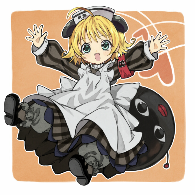 1girl, :d, ahoge, animal_ears, apron, aqua_eyes, armband, arms_up