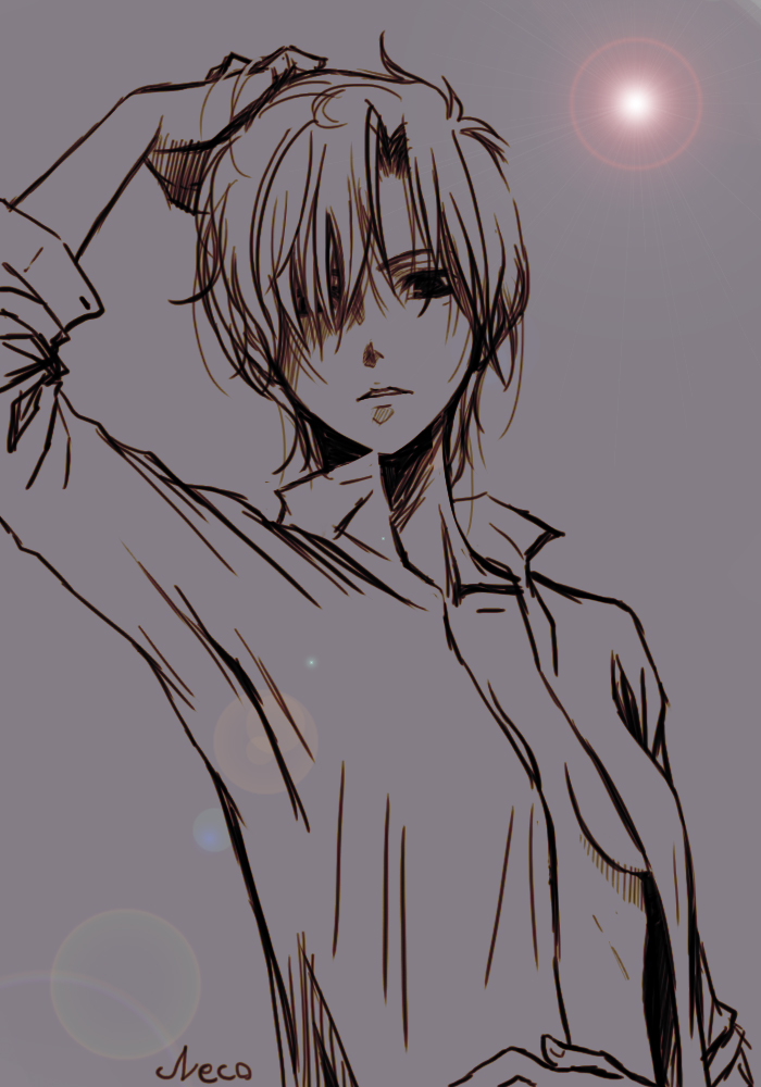 androgynous, bishoujo_senshi_sailor_moon, breasts, cleavage, dress_shirt, fukumaki_neco, lens_flare, monochrome