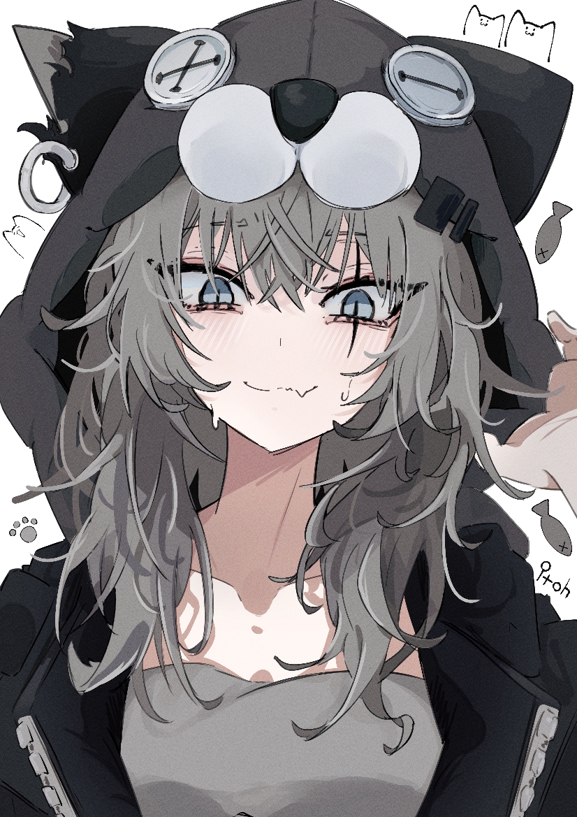 1girl, animal_ears, animal_hood, arknights, arm_up, black_jacket, blue_eyes, blush