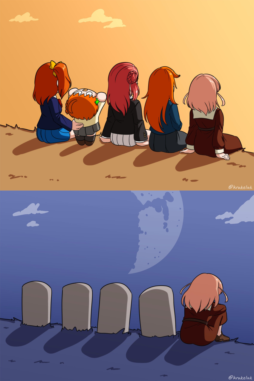 5girls, absurdres, artist_name, blazer, braid, chibi, crossover, from_behind