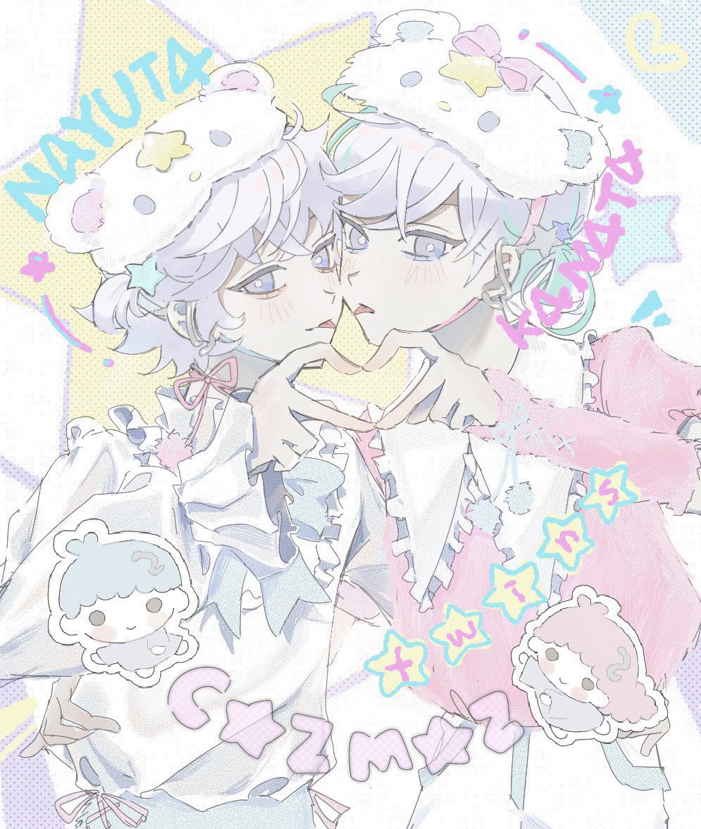 2boys, aqua_hair, blue_shorts, brothers, character_name, cozmez_(paradox_live), czmzsex, heart