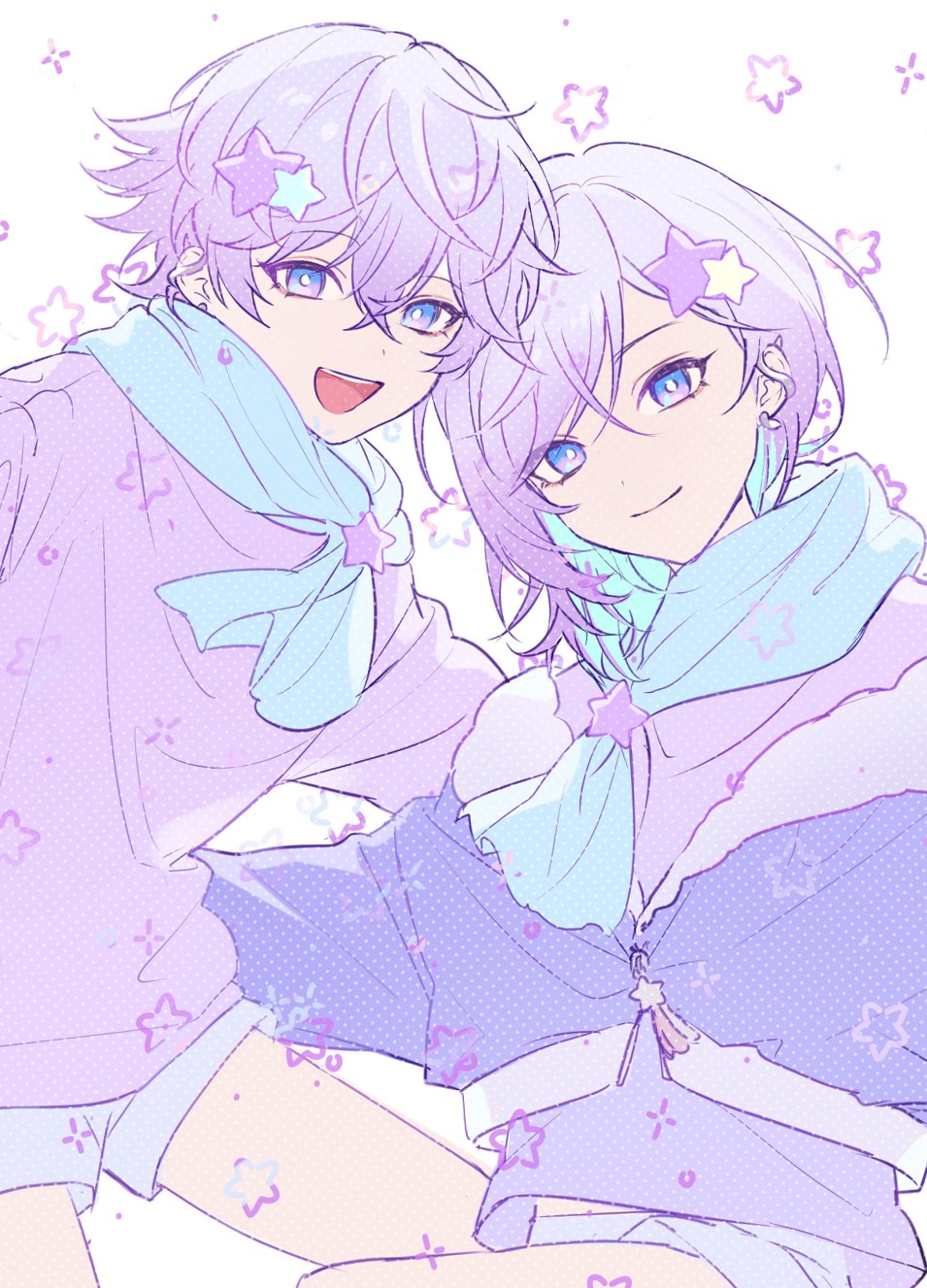 2boys, aqua_hair, brothers, closed_mouth, cozmez_(paradox_live), grey_background, grey_shorts, hair_ornament