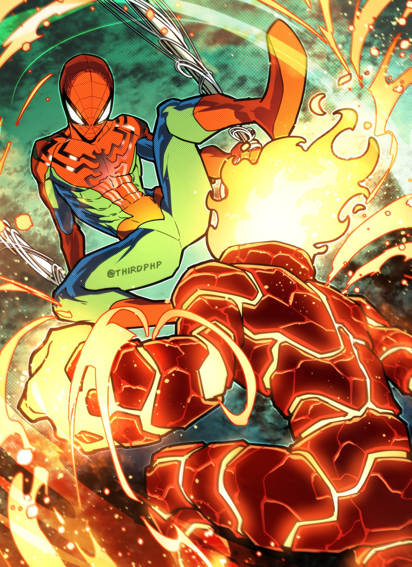 2boys, absurdres, alien, animal_print, battle, ben_10, blue_bodysuit, bodysuit